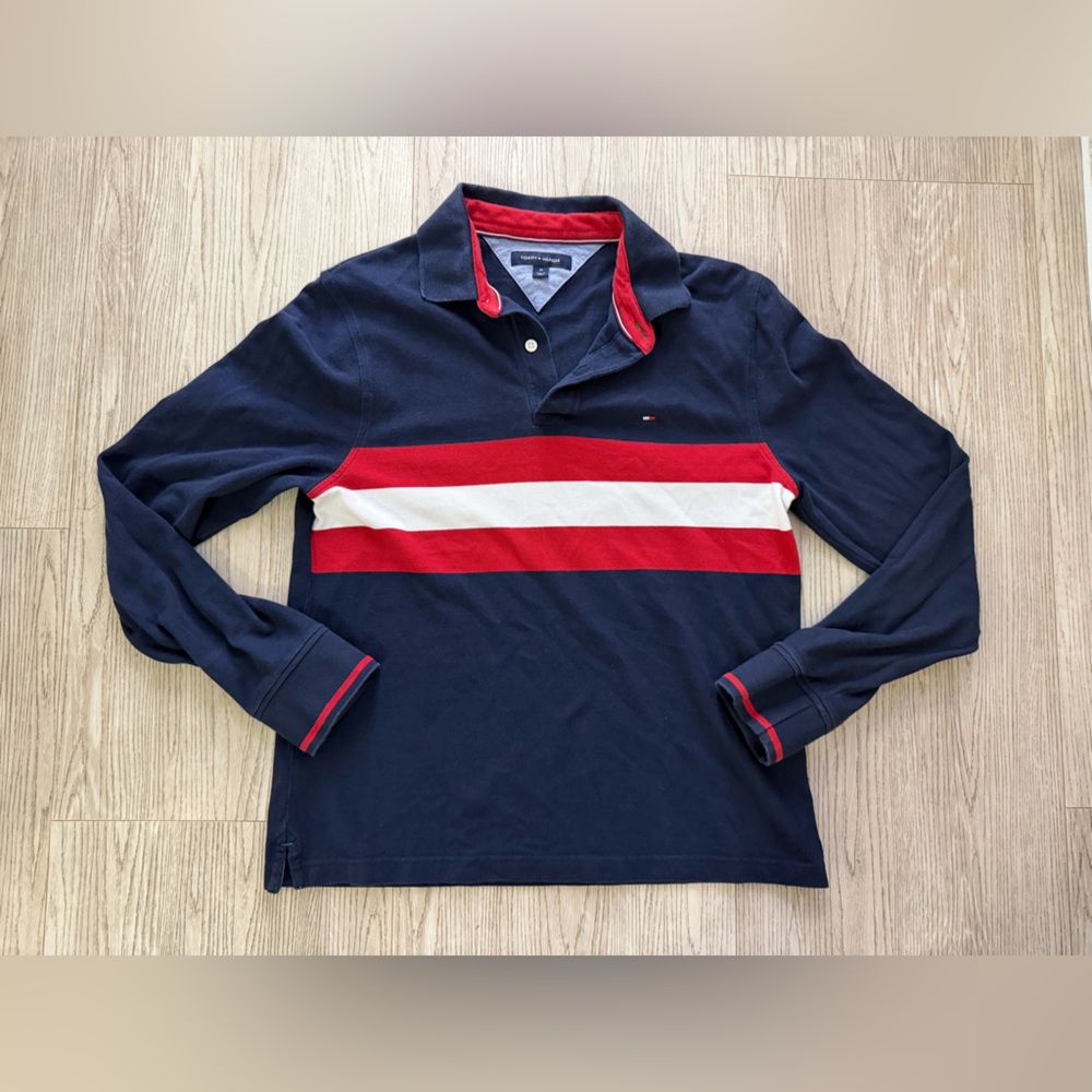Tommy Hilfiger Red and Navy Long Sleeves Polo Shirt - Size Medium